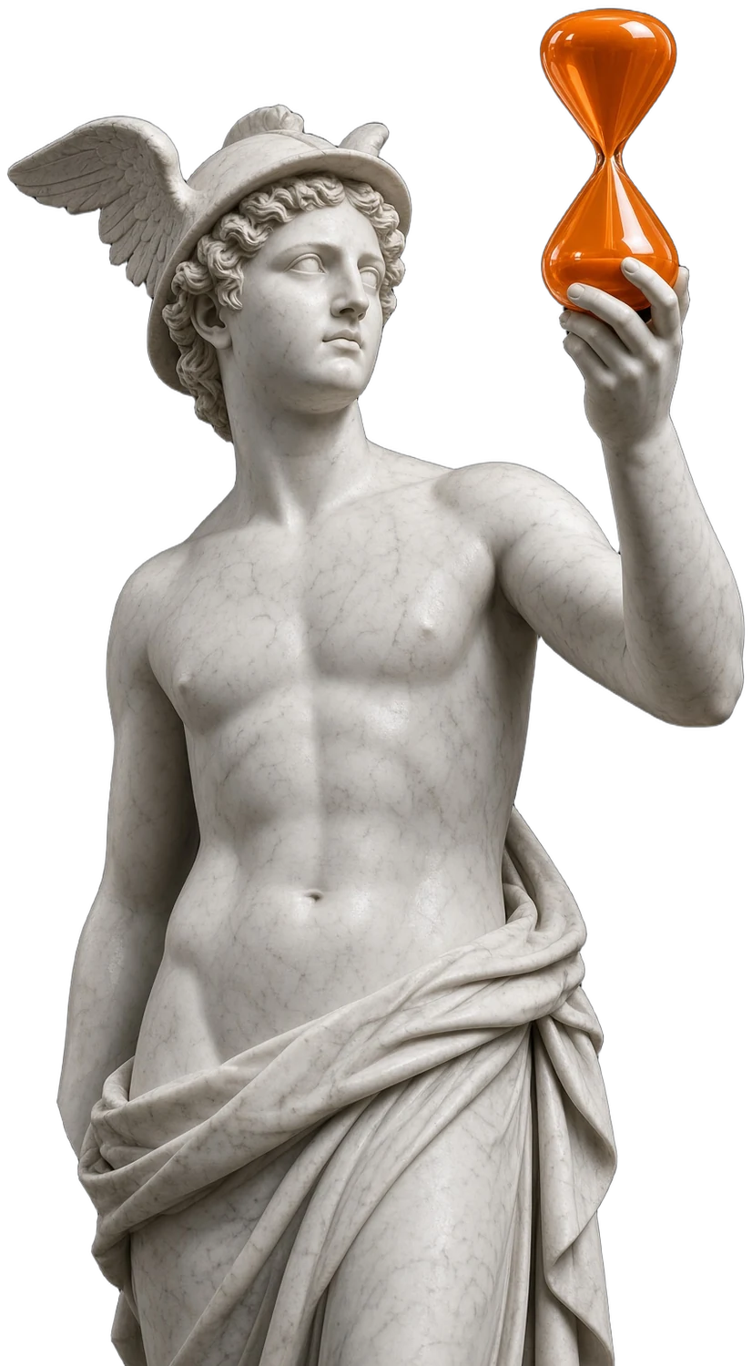 Prova gratuita del repricer: statua di Mercurio con una clessidra arancione